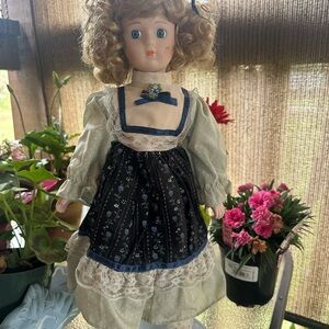 Classic Porcelain Doll in Cream and Navy Dress - Collectible Kids Toy